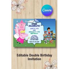 Twin Peppa Pig and Paw Patrol Birthday Invitation | Canva Template